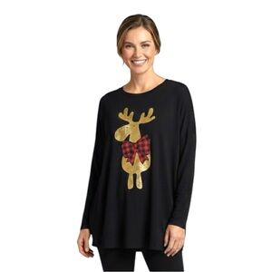 Red Lolly Black Tunic with Gold Sparkly Moose Reindeer Size Large